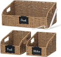 Pantry Organizers, Large Wicker Baskets for Shelves, Labeled Storage Baskets for Organizing with Handles - Paper Storage Bins for Shelves, 3 Pack, Brown