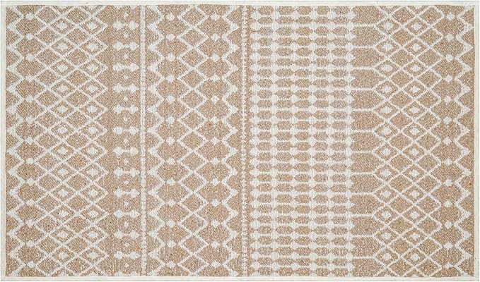 THE BEER VALLEY Moroccan Kitchen Runner Rug 27x45 Inch - Beige | Non Slip Cotton Woven Rugs for Laundry Room, Washable Boho Outdoor Area Runners