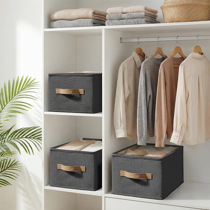 3-Pack Closet Storage Bins, Foldable Fabric Storage Baskets, Black | Thickened Rigid PP Panels, Cotton-linen Shelf Baskets, Measure 16.25"L x 12"W x 10"H for Clothes, Closets and Drawers
