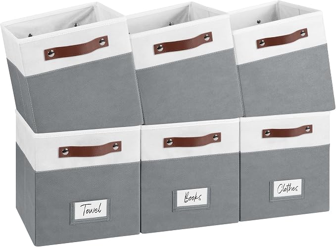 FinishingBo 10.5" x 11" Storage Bins with Labels 6 Pack | PU Leather Handles, Foldable Storage Cubes, Storage Baskets, Closet Storage, White/Dark Grey