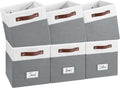 FinishingBo 10.5" x 11" Storage Bins with Labels 6 Pack | PU Leather Handles, Foldable Storage Cubes, Storage Baskets, Closet Storage, White/Dark Grey