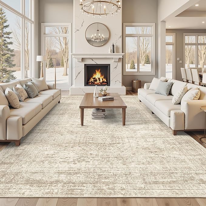 Area Rug 10x12 Vintage Washable Living Room Large Carpet Non Slip Bedroom Indoor Office Dining Room Low Pile Thin Rug Beige