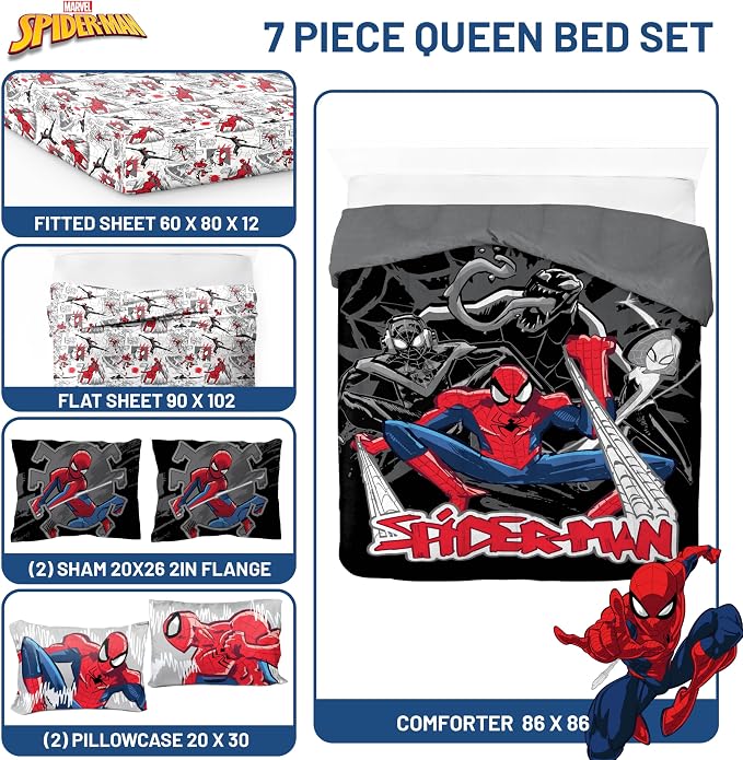 Marvel Spiderman 7 Piece Queen Comforter Set - Bed in a Bag Reversible Comforter, Sheets & Pillowcases - Super Soft Breathable Microfiber Machine Washable (Officially Licensed Marvel Product) Black