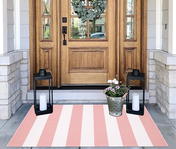 Pink White Striped Rug -2.3'x3.6' Front Door Rugs Outdoor, Small Washable Area Rug for Front Porch, Spring Summer Welcome Mats Outdoor Indoor, Doormat for Entryway Porch Entrance