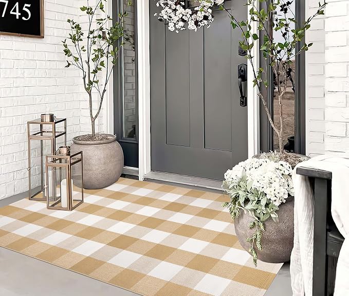 3' x 5' Outdoor Rug, Checkered Washable Rug Khaki and White Front Porch Rug Washable Front Door Mat Outdoor for Hello Welcome Mat, Bedroom, Entryway, Patio
