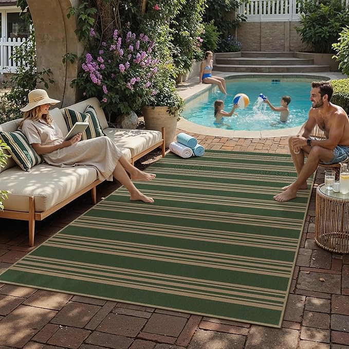 PureCozy Striped Easy Jute Rug 6x9 Green Living Room Carpet Washable Non Slip Bedroom Office Rug Farmhouse Neutral Non Shedding Indoor Outdoor Large Carpet for Kitchen Dining Room
