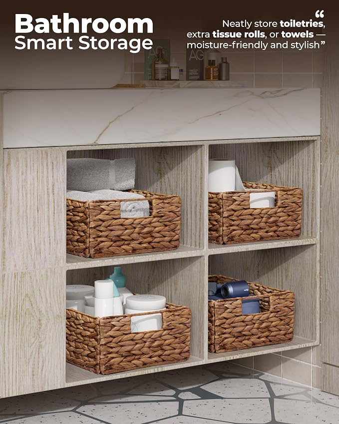 Bluewest Woven Water Hyacinth Storage Baskets with Handles, 6-Pack, Brown | Organizer and laundry basket with carrying handles, designed as a rattan bin for shelves, closets and household essentials.