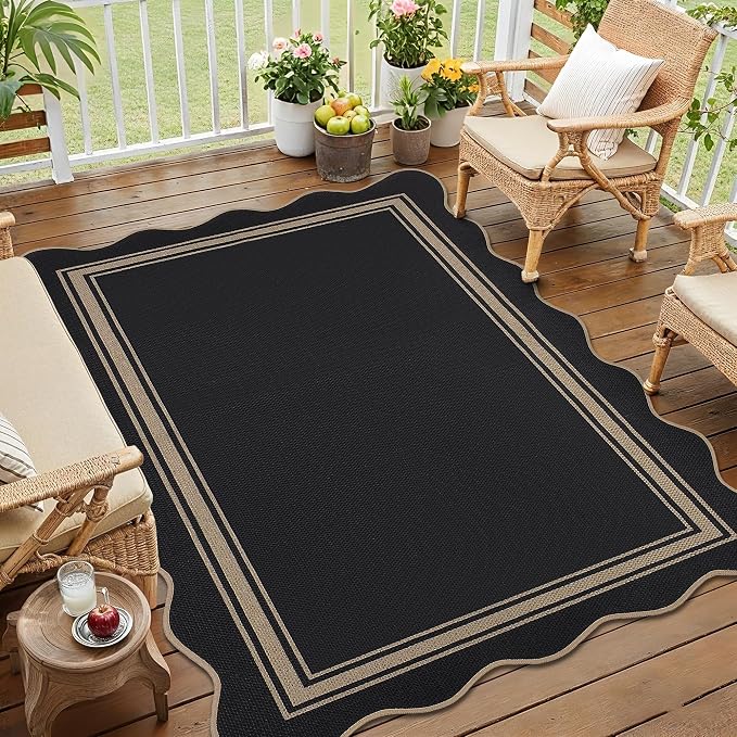 Scalloped Easy Jute 3x5 Outdoor Rug Washable Non Slip Rug for Entryway Indoor Outdoor Farmhouse Neutral Scalloped Carpet for Backyard Patio Proch Living Room