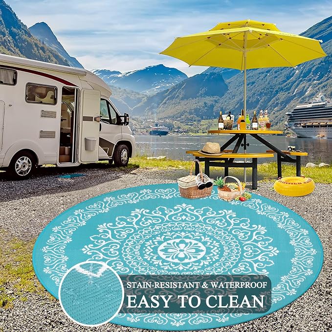 Pauwer Outdoor Rug 8ft, Waterproof Plastic Straw Camping Rug, Floral Teal | Reversible Patio Rug, UV Resistant Indoor Outdoor RV Mat Carpet For Deck, Camper, Porch, Balcony, Backyard, Picnic, Foldable