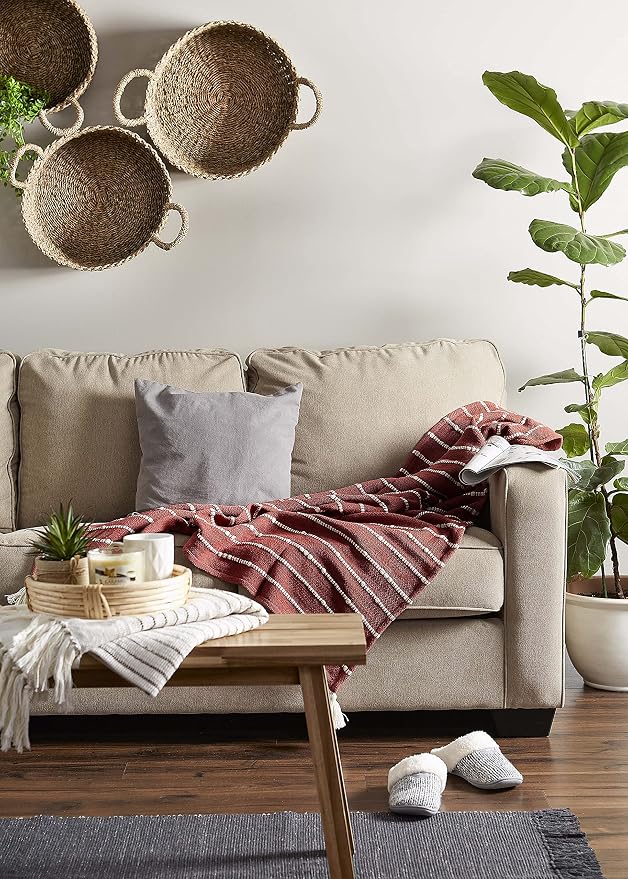DII Striped Throw Collection Cotton Slub, Hand-Tied Tassels, 50x60, Clay & Off-White