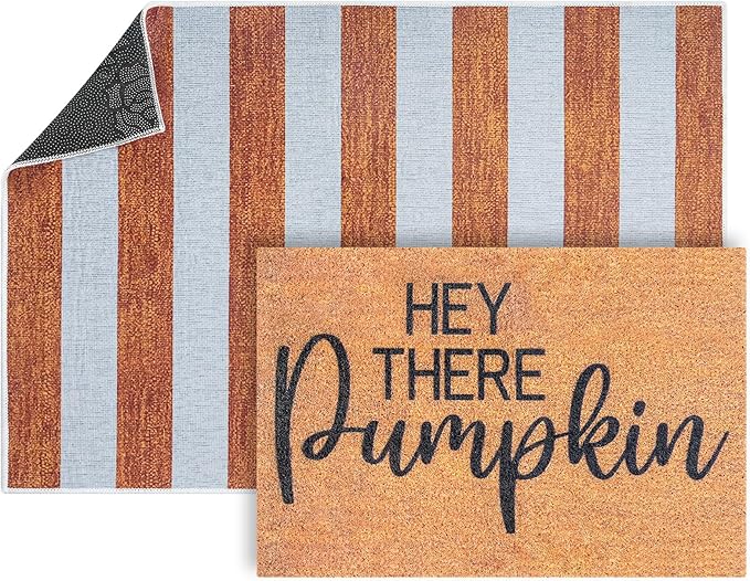 2 Pcs Fall Doormat Hey There Pumpkin Door Mat Fall Non Slip Coir Mats Floor Striped Mat Layering Doormats Seasonal for Thanksgiving Autumn Doormats Front Porch Entryway Decor 23.6 x 31.5 Inch