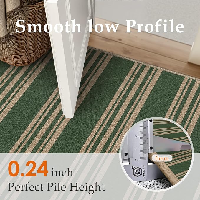 PureCozy Striped Easy Jute Rug 8x10 Green Living Room Carpet Washable Non Slip Bedroom Office Rug Farmhouse Neutral Non Shedding Indoor Outdoor Large Carpet for Kitchen Dining Room