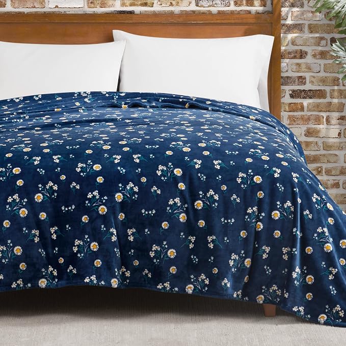 Lucky Brand Daisy Navy Blue Floral 90"X90" Cozy Plush Blanket - Premium Microfiber Throw for Luxurious Comfort and Style Full/Queen Size