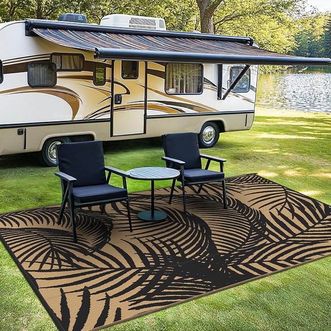 GENIMO Outdoor Rug, Waterproof Plastic Rugs for Patio, 8'x10' Black | Outside Larger Leaf Carpet Mat for Porch Decor, Deck, Balcony, Camping, RV, Backyard, Picnic, Beach, Reversible, Foldable