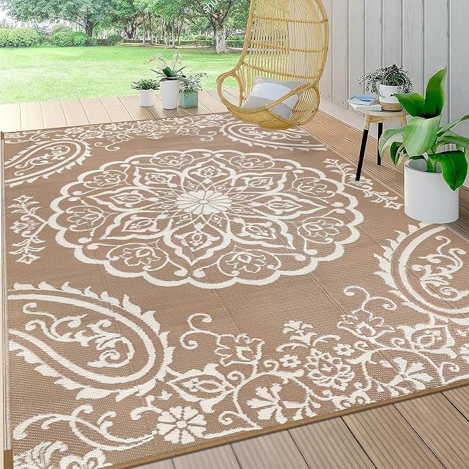 Pauwer Outdoor Rug 5x8, Waterproof Plastic Straw Camping Rug, Boho Brown | Reversible Patio Rug, UV Resistant Indoor Outdoor RV Mat Carpet For Deck, Camper, Porch, Balcony, Backyard, Picnic, Foldable