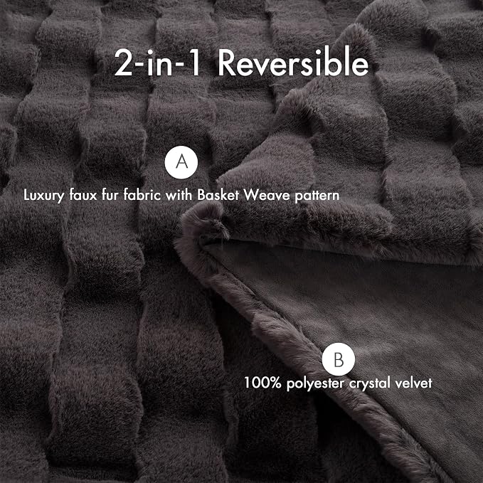Madison Park Vivienne Faux Fur Throw Blanket Velvet, 50 x 60, Grey | Cozy Warmth for Sofa or Bed, Reversible, Lightweight, OEKO-TEX Certified