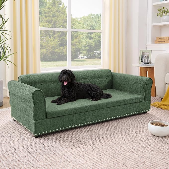 Elevated Dog Sofa for Medium to Large Dogs, Button Tufted Dog Couch Bed with Backrest and Armrests, Durable Memory Foam Pet Bed, Removable Cushion for Medium and Large Dogs, Green