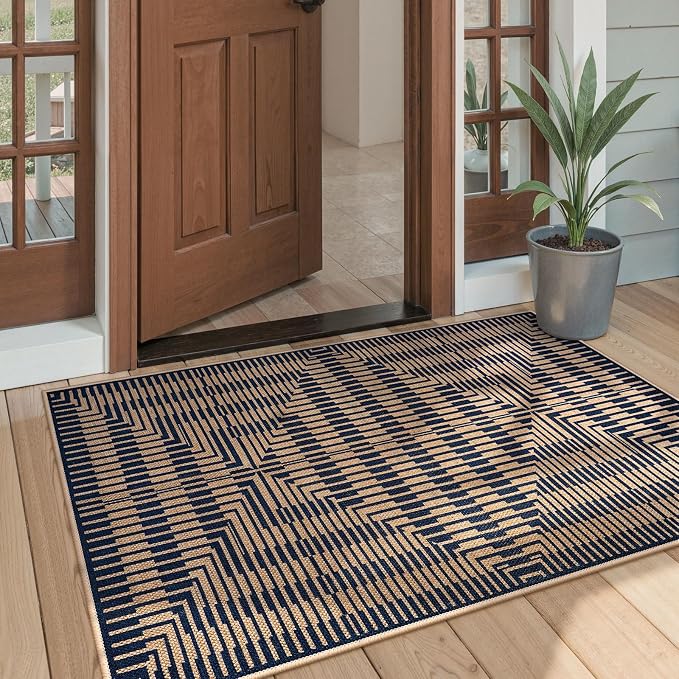 LIVEBOX Jute Look Area Rug 3x5 Indoor Front Door Mat, Washable Outdoor Porch Rugs Non Slip, Boho Geometric Striped Diamond Accent Rug for Entryway (Dark Blue Stripe)