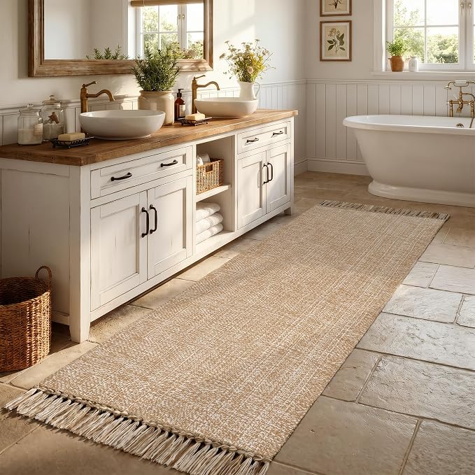 Collive Boho Hallway Runner Rug, 2.6' x 7' Washable Bathroom Mats Modern Farmhouse Braided Kitchen Runner Rugs, Tan Hand Woven Entry Hall Carpet for Laundry Bedroom Decor