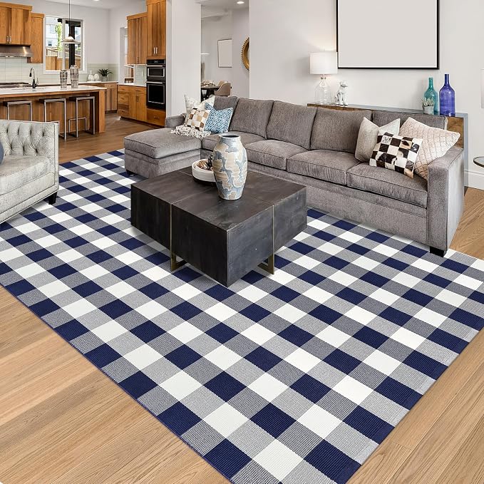 Buffalo Plaid Rug 6x9 Feet Buffalo Check Area Rug Cotton Woven Navy and White Checkered Washable Indoor Outdoor Carpet for Living Room Farmhouse Dining Bedroom Patio