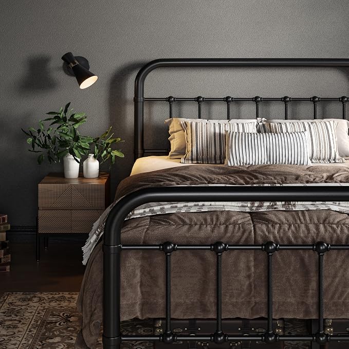 Allewie Full Metal Bed Frame with Victorian Iron-Art Headboard, Black | Victorian Style Wrought Iron-Art Headboard/Footboard, Easy Assembly, Under Bed Storage, No Box Spring Required