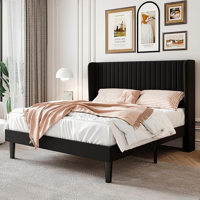 SHA CERLIN Queen Size Velvet Bed Frame, Tufted Wingback Headboard, Black | 47'' Modern Vertical Channel Headboard, Upholstered Platform Bed, Wood Slats, No Box Spring Needed, Easy Assembly, Noise Free