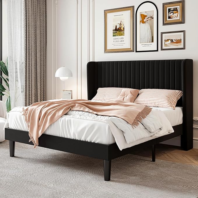 SHA CERLIN Full Size Velvet Bed Frame, Tufted Wingback Headboard, Black | 47'' Modern Vertical Channel Headboard, Upholstered Platform Bed, Wood Slats, No Box Spring Needed, Easy Assembly, Noise Free