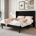 SHA CERLIN Full Size Velvet Bed Frame, Tufted Wingback Headboard, Black | 47'' Modern Vertical Channel Headboard, Upholstered Platform Bed, Wood Slats, No Box Spring Needed, Easy Assembly, Noise Free