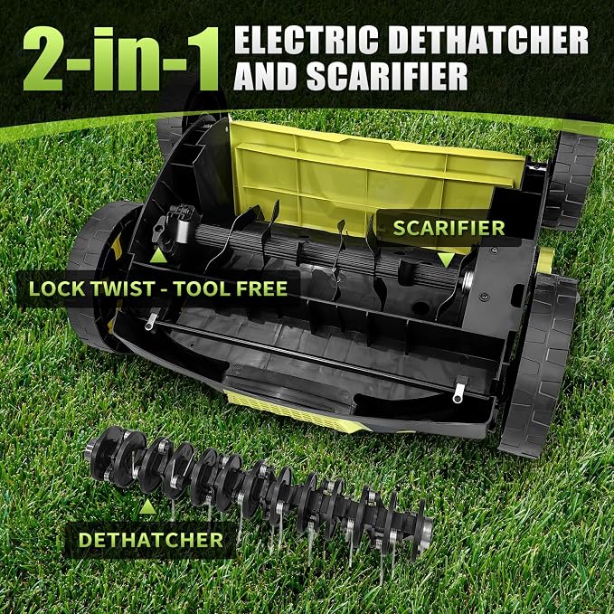 SEYVUM 15 Amp 15 inch Electric Dethatcher and Scarifier, 40L Collection Bag | Corded Lawn Dethatcher, 5-Position Working Height, Green