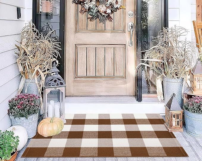 Front Door Mat Outdoor 24''x35''Buffalo Plaid Porch Mat Cotton Woven Machine Washable Carpet for Layered Doormat Hello/Welcome Door Mat,Kitchen,Farmhouse,Entryway