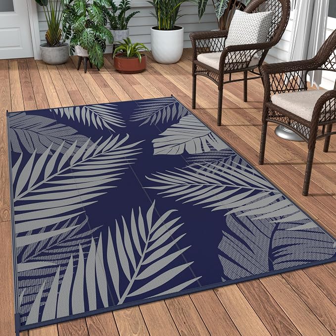 GENIMO Outdoor Rug 3'x5' Waterproof for Porch, Plastic Door Mat Blue Grey | Outside Leaf Carpet for Patio Decor, Balcony, Deck, Backyard, Picnic, Camping, RV, Reversible, Foldable, Lightweight