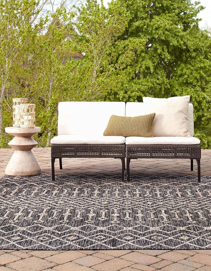 Unique Loom Outdoor Trellis Collection Area Rug - Tribal Trellis (10' 8" Square, Charcoal Gray/ Natural)