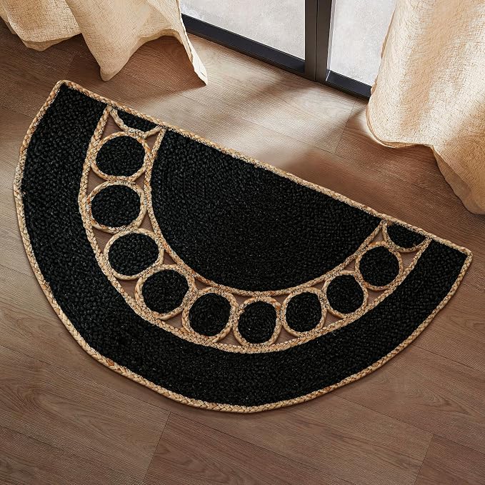 Boho Braided 1.5x3 Area Rug - Jute Natural Fiber Half Round Rug for Living Room Entryway, Farmhouse, Home, Indoor Rugs Jute Door mat for Bathroom, Kitchen (Black, 1.5 X 3 ft)