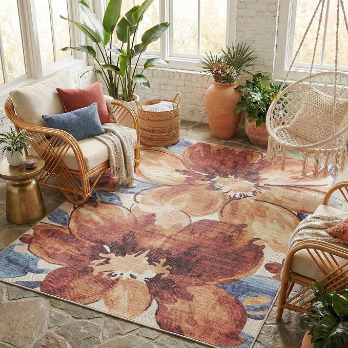 ReaLife Rugs Machine Washable Indoor Outdoor - Mat Rug Foldable Printed Thin Lightweight Cushioned Fade Resistant Patio Deck Dock Porch Pool Balcony Camping - Kai- Red Orange Blue 5' x 7'
