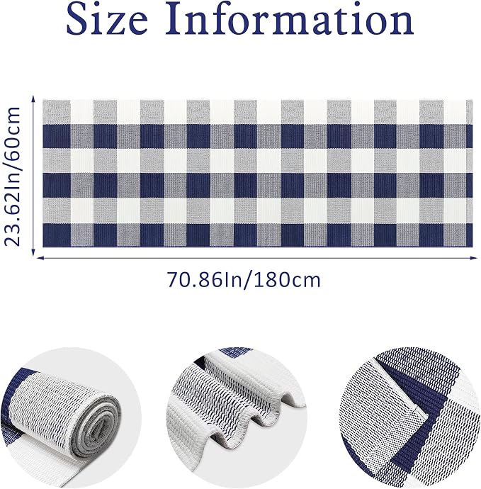 Buffalo Plaid Runner Rug 2x6 Feet Navy and White Checkered Runner Rug Cotton Woven Farmhouse Floor Mat Washable Rugs for Hallway Kitchen Laundry Bedroom Living Room