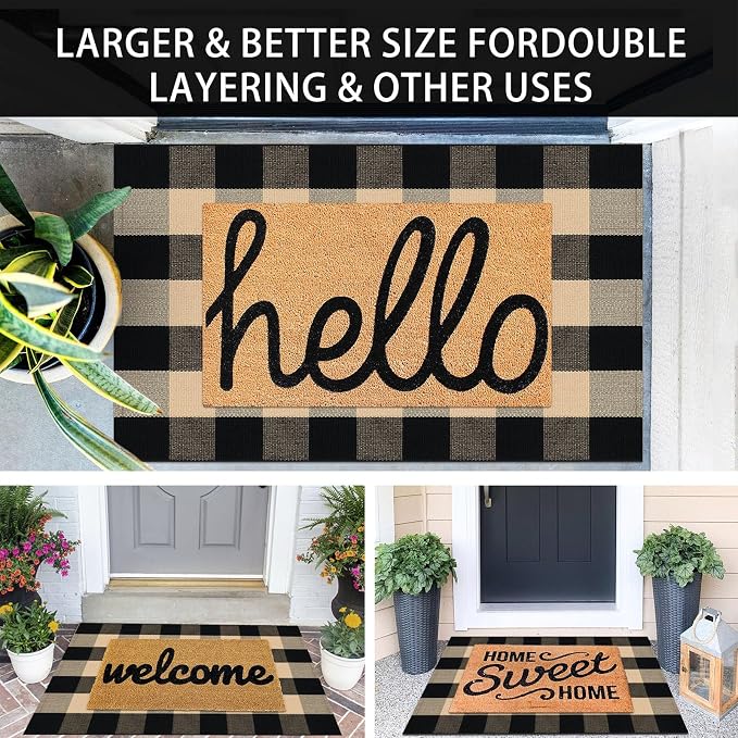 KOZYFLY Buffalo Plaid Area Rugs 27.5x43 Inches Brown and Black Checkered Rug Washable Front Door Mat Hand Woven Cotton Outdoor Rugs Small Rug for Front Porch Kitchen Entryway Patio Bathroom