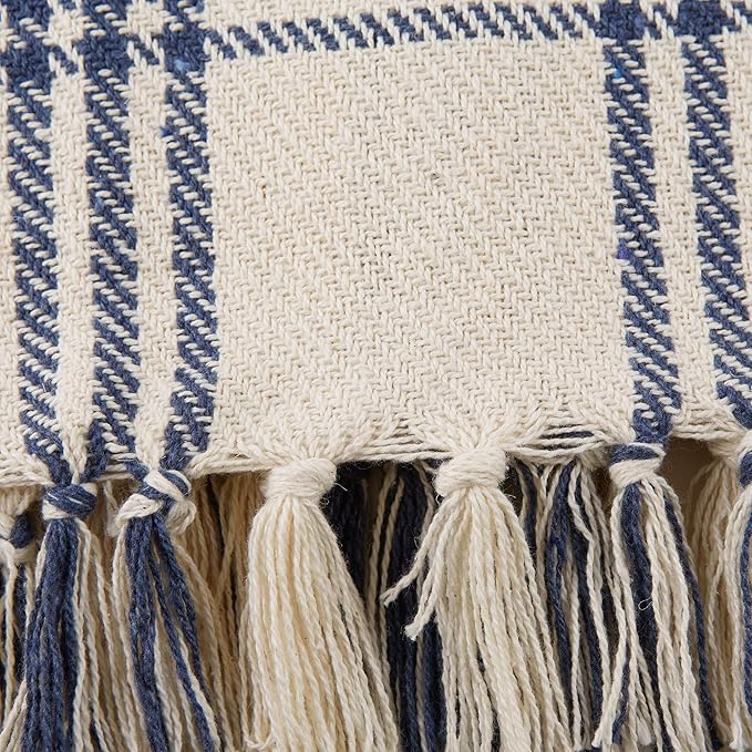 DII Modern Farmhouse Plaid Collection Cotton Fringe Throw Blanket, 50x60, White/French Blue