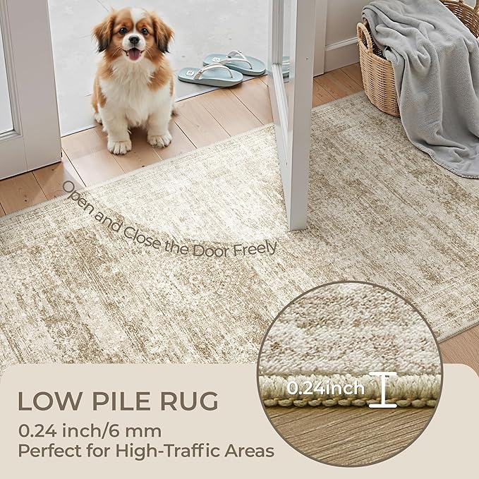 Washable Runner Rugs for Bedroom - 2x6 Runner Rug Non Slip, Ultra-Thin Entryway Runner, Soft Abstract Kitchen Runner for Hallway, Laundry, Bathroom, Indoor Door Mat(2'x6', Brown/Ivory)