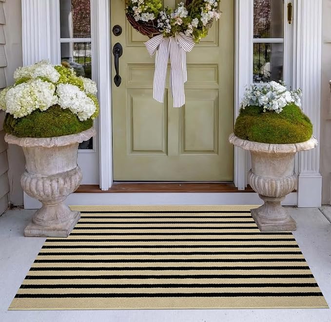 Front Door Mat Outdoor 24"x35", Tan and Black Layered Doormat Cotton Woven Washable Striped Indoor Outdoor Area Rug for Entryway Porch Decor Home Entrance