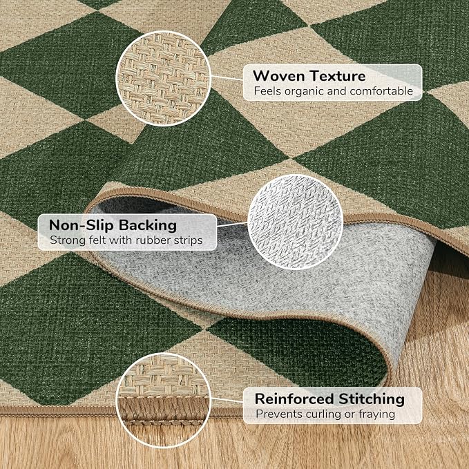 Lessymo Checkered 3x5 Outdoor Patio Rug, Washable Easy Jute for Entryway | Indoor Outdoor Living Room Carpet, Farmhouse Non Slip Door Mat for Backyard Bedroom, Kid Pet Friendly, Diamond Green/Beige