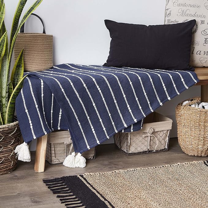 DII Striped Throw Collection Cotton Slub, Hand-Tied Tassels, 50x70, French Blue & Off-White