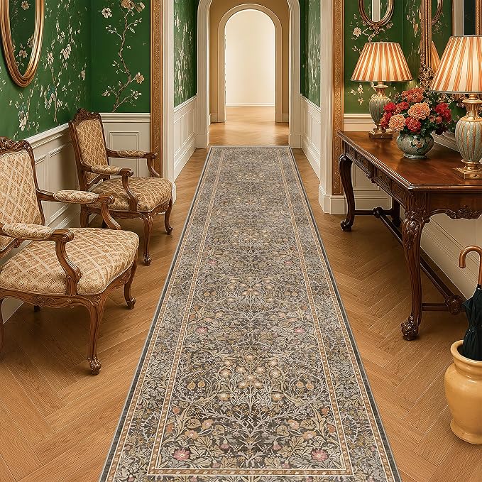 Brown Washable 3x16 Extra Long Runner Rug for Hallway Non Slip, Ultra Thin Large Kitchen Indoor Floor Rugs for Entryway Hall Way, Soft Stain Resistant Low Pile Vintage Floral Carpet