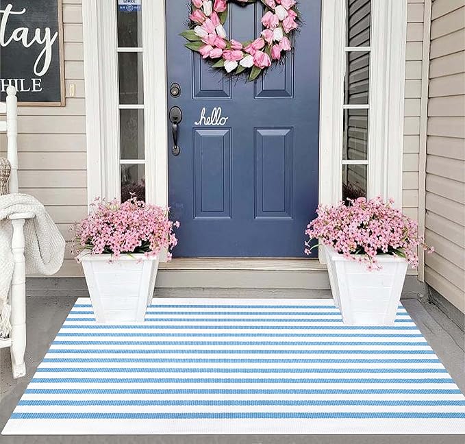 Striped Area Rug 27.5"x43",Light Blue and White Farmhouse Front Porch Rug Cotton Woven Washable Entryway Rug Indoor Outdoor Front Door Mat for Porch/Entryway/Home Entrance Decor