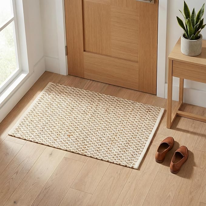 THE BEER VALLEY Jute Cotton Kitchen Rug 2x3 Feet - Natural | Small Neutral Area Door mat for Entryway, Easy Clean Outdoor Indoor Boho Entry Rugs