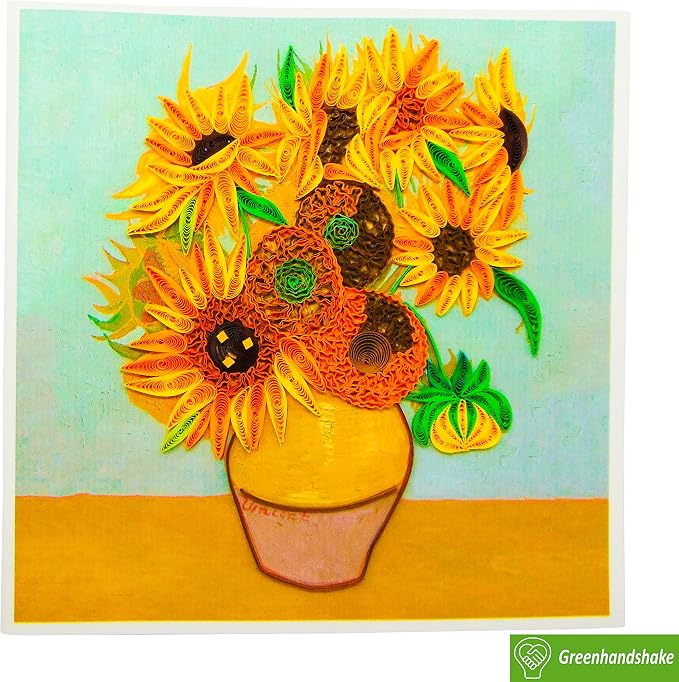 GREENHANDSHAKE Van Gogh's Vase with Sunflowers (1888) Quilling Art Greeting Card,Design Greeting Card for Birthday, Valentine's Day, Get Well, All Occasion. Framable Artwork for Art Lovers