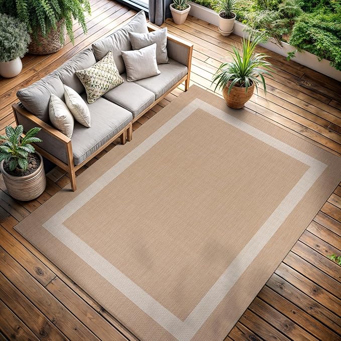CAMILSON Outdoor Rug 5x7, Modern Outside Rugs for Patios Porches Waterproof Durable Washable Non-Shedding, Easy-to-Clean Indoor Outdoor Area Carpet (5 x 7, Bordered - Beige/White)