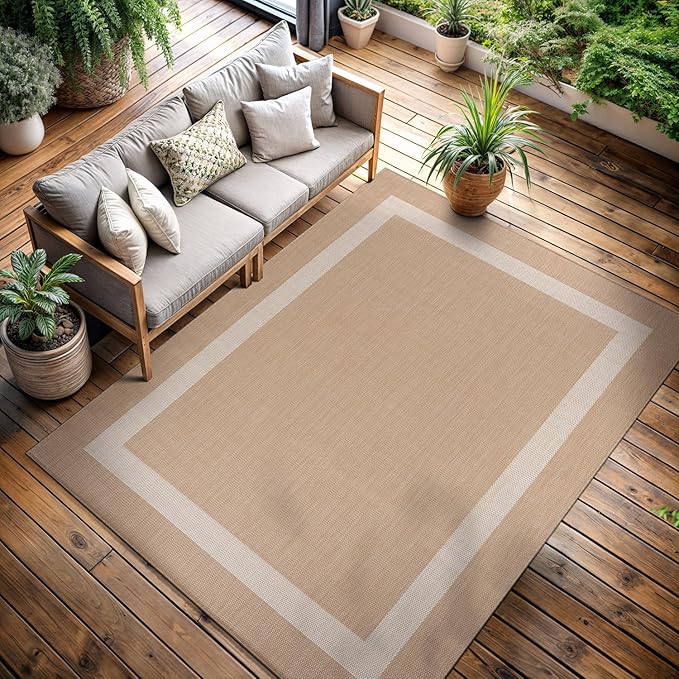CAMILSON Outdoor Rug 9x12, Large Modern Outside Rugs for Patios Porches Waterproof Durable Washable Non-Shedding, Easy-to-Clean Indoor Outdoor Area Carpet (9 x 12, Bordered - Beige/White)
