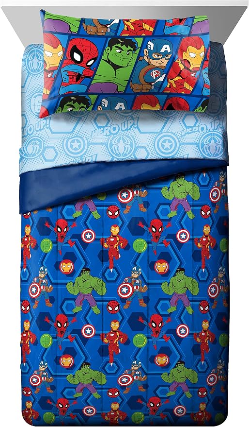 Marvel Avengers Twin Comforter Set 4 Piece Kids Bedding for Boys, Blue | Spiderman Superhero, Comforter Sheets Pillowcase, Official Product, Soft Microfiber, Machine Washable, Easy Care, Boys Gift