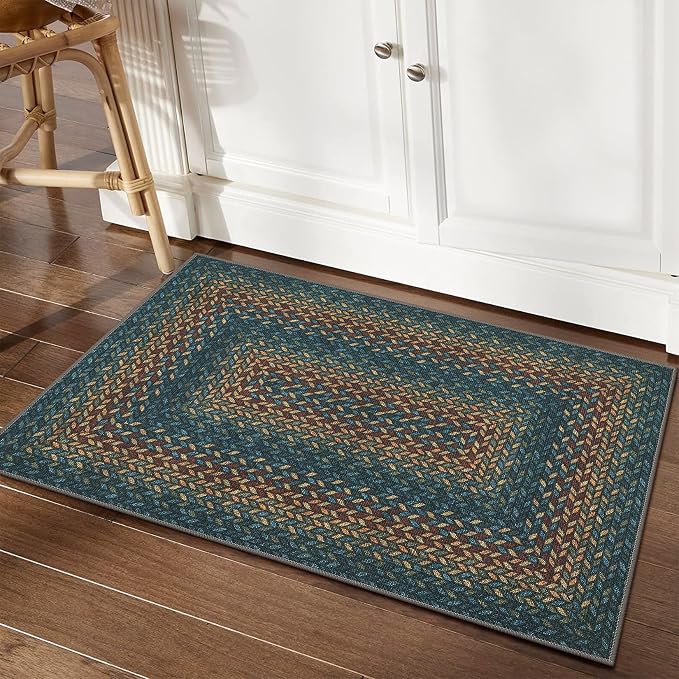 GarveeHome 2x3 Small Area Rug Entryway Easy Jute Door Mat Washable Rugs | Non Slip Stain Resistant Modern Dining Room Throw Carpets Tan Contemporary Area Rugs for Kitchen Bedroom Nursery, Navy/Rust