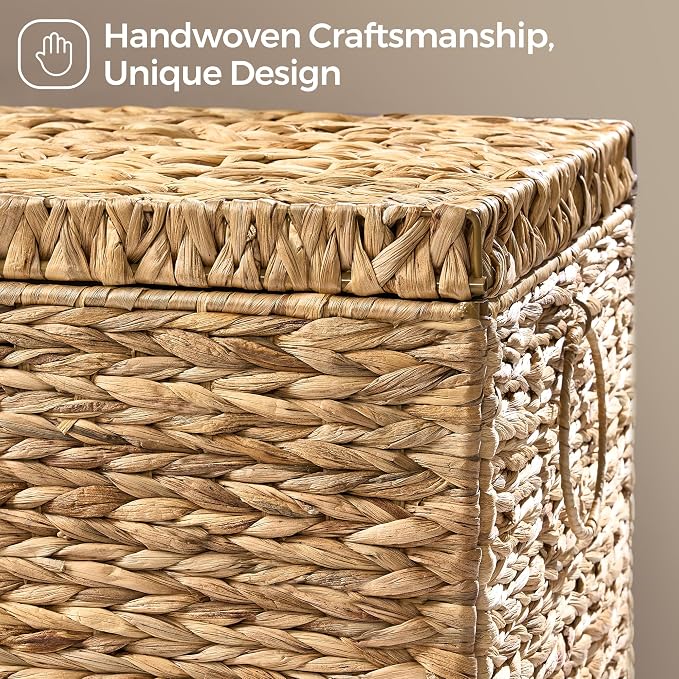 Honjourai Handwoven Storage Basket with Lid, 165L Wicker Storage Trunk | Natural Water Hyacinth Storage Chest, Leather Buckle, Metal Frame, Metal Ring Handles for Easy Transport